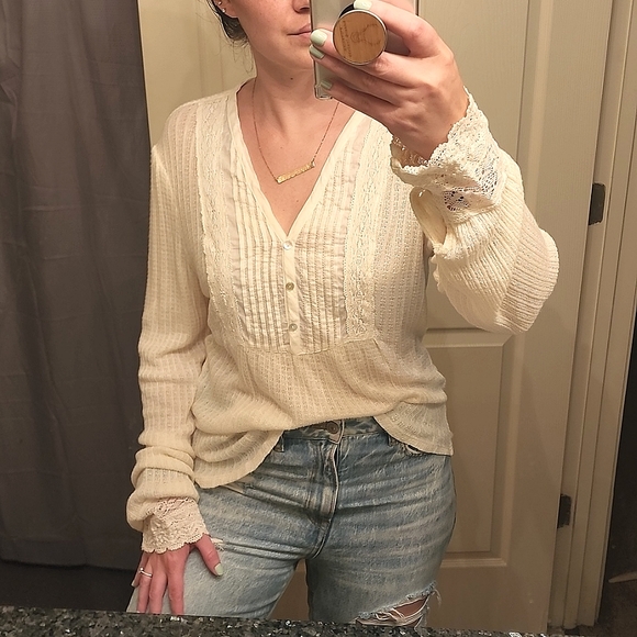 Lucky Brand Tops - Lucky Brand Ivory Knit & Lace Button Long Sleeve Top